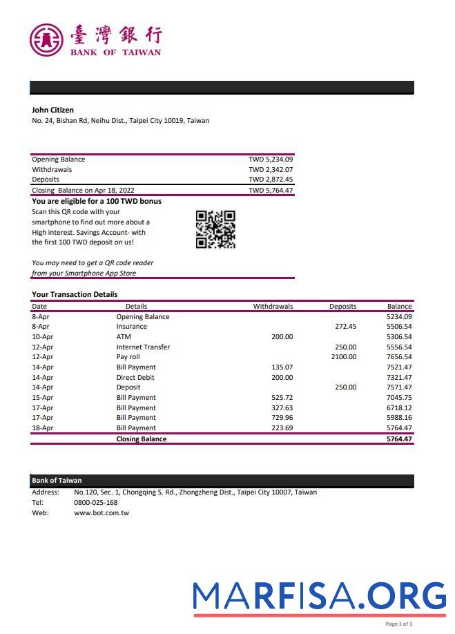 Blank Taiwan Bank of Taiwan bank statement excel example